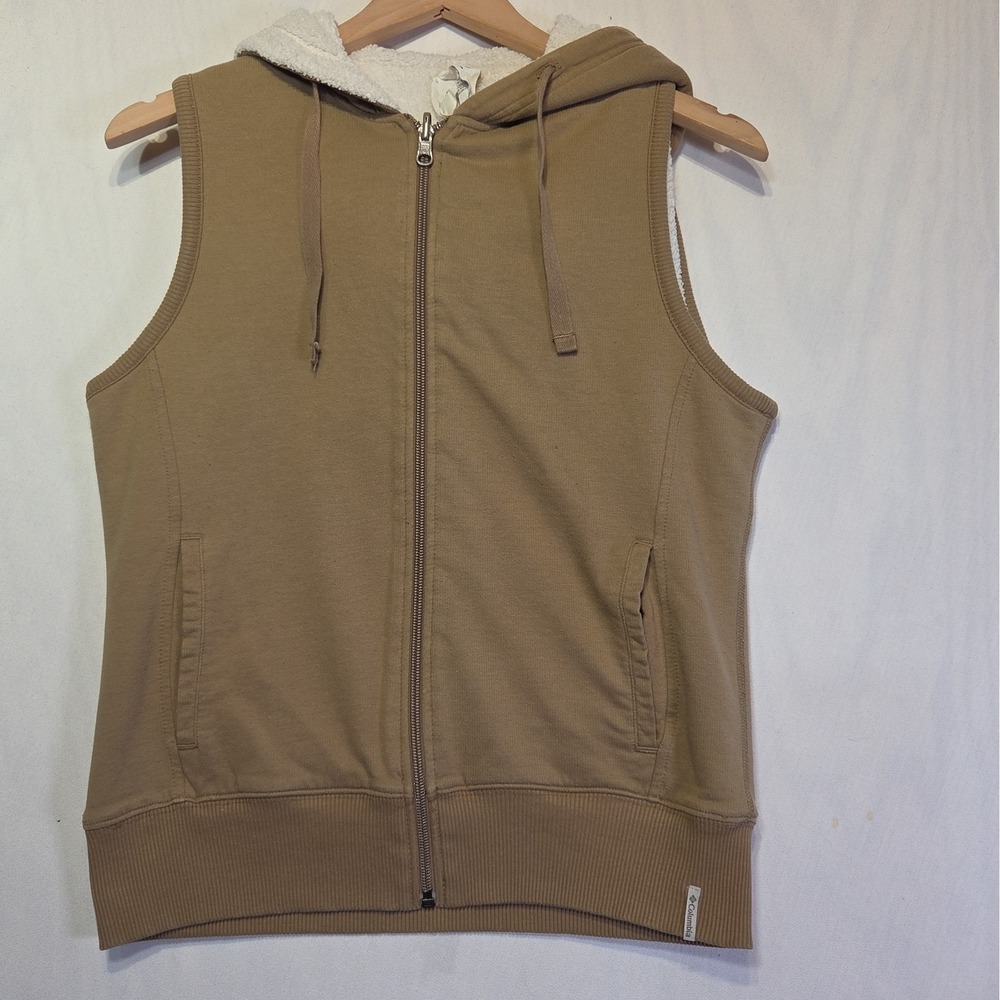 Columbia Women's M Sherpa Lined Hooded Vest Full Zip Tan Brown Pockets